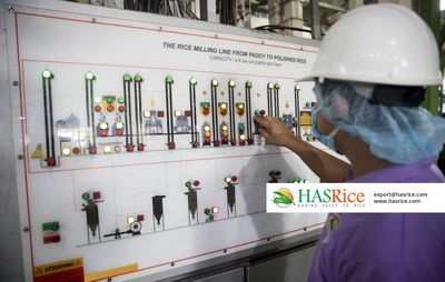 Operator at the mimic control panel of the paddy-to-polished-rice milling line