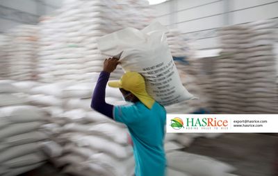 Forklift loading bagged rice for dispatch